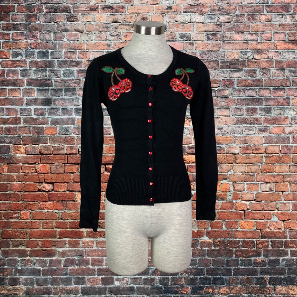 Banned Punk Rockabilly Cherry Black Cardigan Sweater